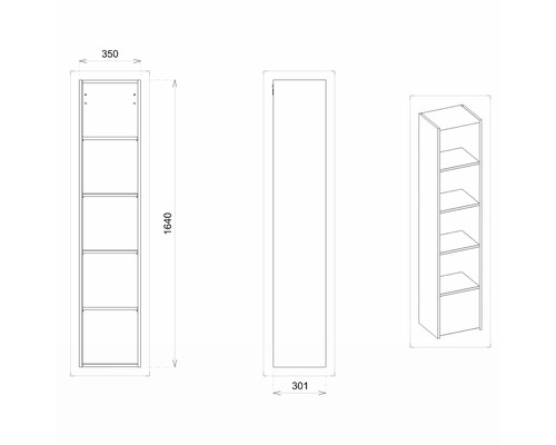 Technische Zeichnung eines Regals mit fünf Fächern und den Maßen 1640 x 350 x 301 Millimeter.