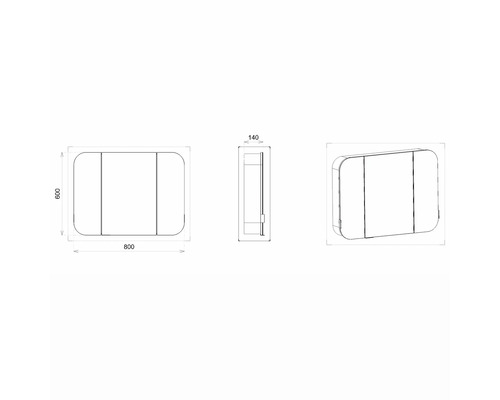 Technische Zeichnung eines Spiegelschranks mit Abmessungen