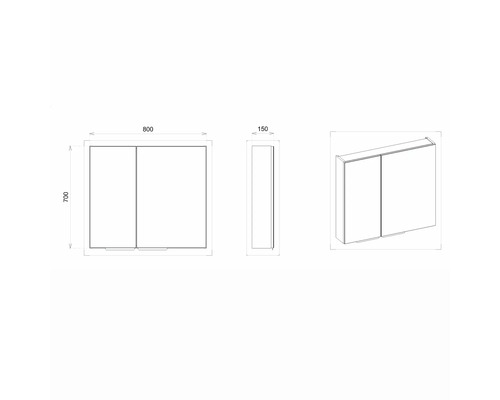Schéma technique d''une armoire de toilette avec deux portes et les dimensions 800 x 700 x 150 mm.