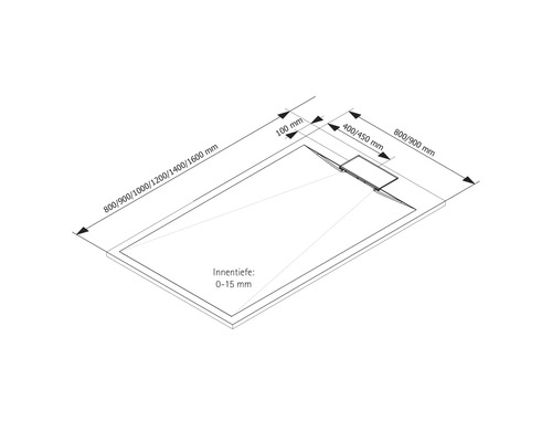 Technische Zeichnung einer Duschwanne mit Tiefenangabe