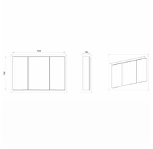 Dessin technique d''une armoire de toilette avec trois portes et dimensions