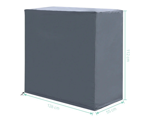 Housse de protection avec des dimensions de 112 cm de hauteur, 126 cm de largeur et 55 cm de profondeur