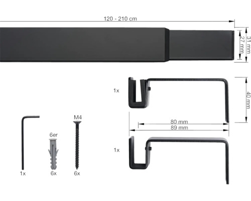 Tringle à rideaux, extensible de 120 à 210 centimètres, accessoires de montage inclus
