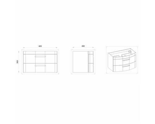 Schéma technique d''un meuble sous-vasque avec tiroirs et dimensions
