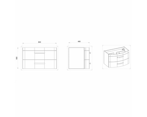 Schéma technique d''un meuble sous-lavabo avec dimensions