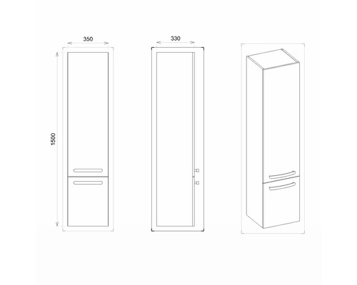 Schéma technique d''une armoire haute de salle de bains mesurant 350 x 330 x 1500 millimètres
