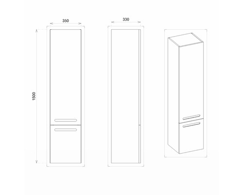 Technische Zeichnung eines Badezimmer-Hochschranks mit Maßen