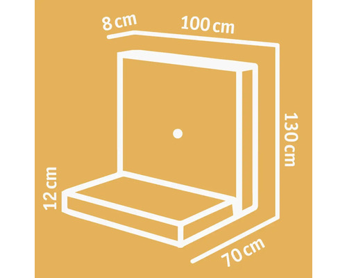 Skizze eines Möbelstücks mit den Maßen 100 mal 70 mal 130 Zentimeter
