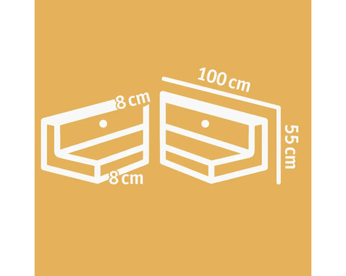 Technische Zeichnung eines Schranks mit den Maßen 8 x 8 Zentimeter und 100 x 55 Zentimeter
