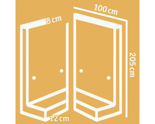 Schéma technique d''une cabine de douche avec les dimensions 100 cm, 205 cm, 8 cm et 12 cm.