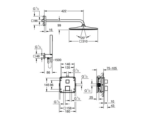 Dessin technique d''un robinet de douche avec indications de mesure