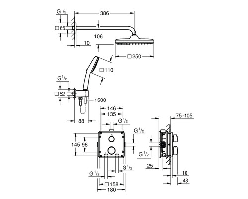 Schéma technique d''un système de douche avec dimensions