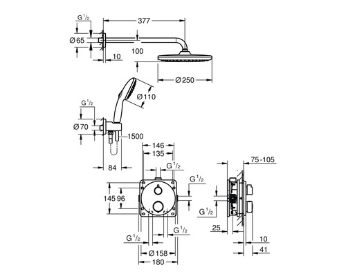Schéma technique d''un système de douche avec douchette à main et pomme de douche avec dimensions