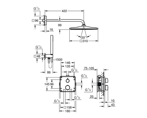 Schéma technique d''un système de douche avec dimensions