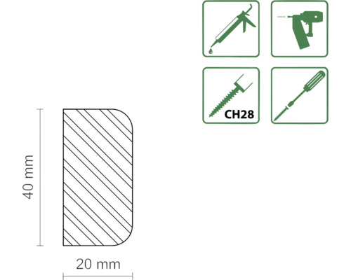 Illustration d''un profilé de dimensions 40 x 20 millimètres et symboles de fixation.