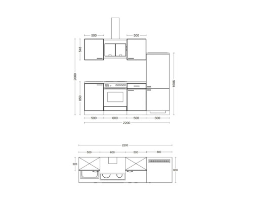 Maßzeichnung einer Küche mit Unterschränken, Hängeschränken und Elektrogeräten mit Maßangaben