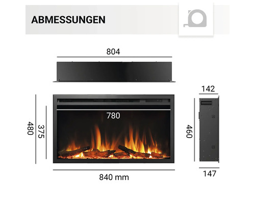 Abbildung der Abmessungen eines Elektrokamins.
