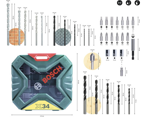 Bosch Logo X34-teiliges Bohrerset mit verschiedenen Bohrern und Bits in einer Kunststoffbox