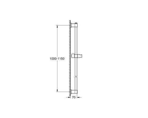 Dessin technique d''une barre de douche avec indication de hauteur de 1000 à 1150 millimètres et une profondeur de 70 millimètres.