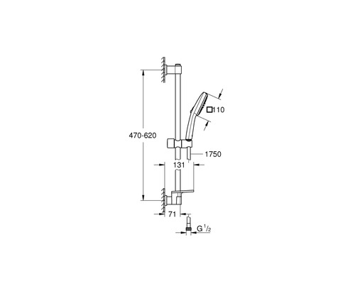 Technische Zeichnung eines Duschsets mit Handbrause und Brausestange mit Maßangaben.