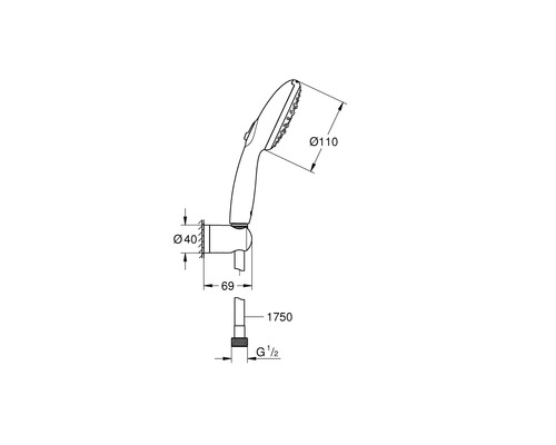 Technische Zeichnung einer Handbrause mit Maßangaben.