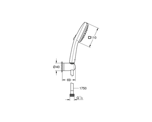 Technische Zeichnung einer Handbrause mit Maßangaben