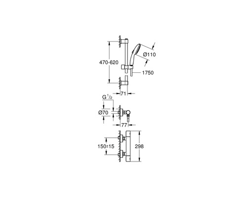 Technische Zeichnung eines Duschsets mit Maßangaben