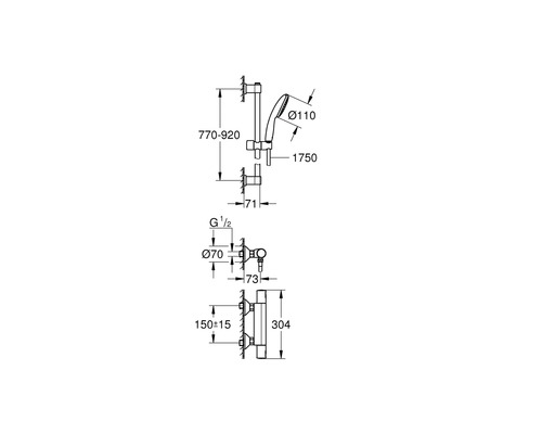 Schéma technique d''un set de douche avec dimensions