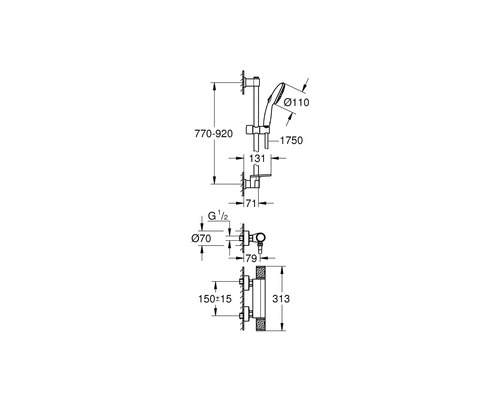 Technische Zeichnung einer Duschstange mit Maßangaben