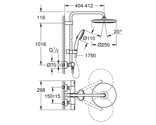 Technische Zeichnung einer Duscharmatur mit Maßangaben