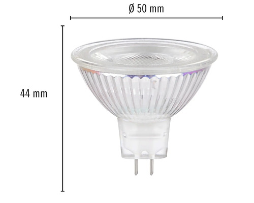 MR16 Leuchtmittel mit einem Durchmesser von 50 mm und einer Höhe von 44 mm.