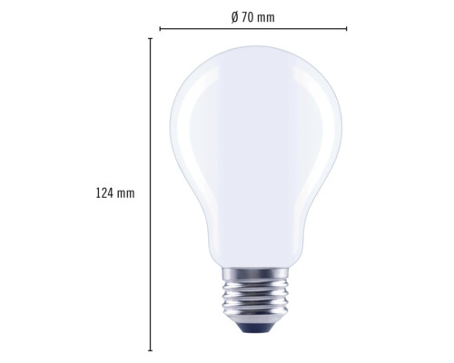 Image d''une ampoule avec les dimensions 70 millimètres de diamètre et 124 millimètres de hauteur.