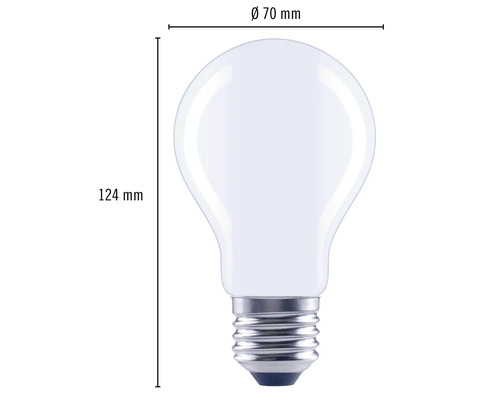 Image d''une ampoule avec des dimensions de 70 millimètres de diamètre et 124 millimètres de longueur