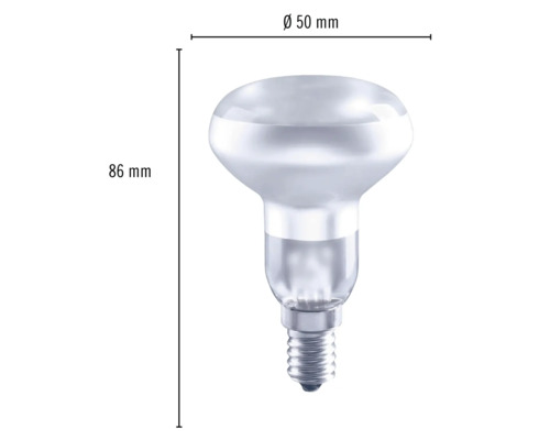 Reflektorlampe mit den Maßen 86 mm Höhe und 50 mm Durchmesser.