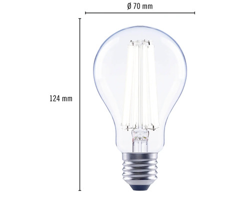 Image d''une ampoule claire de 70 millimètres avec une hauteur de 124 millimètres.