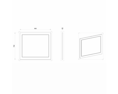 Dessin technique d''un miroir avec des dimensions de 800 x 700 x 20 mm.