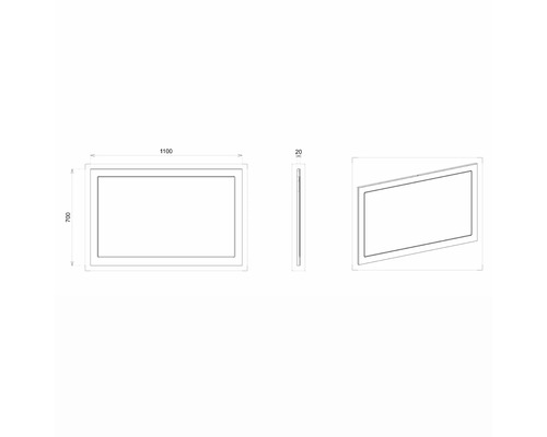Dessin technique d''un miroir rectangulaire avec des dimensions de 1100 x 700 x 20 mm.
