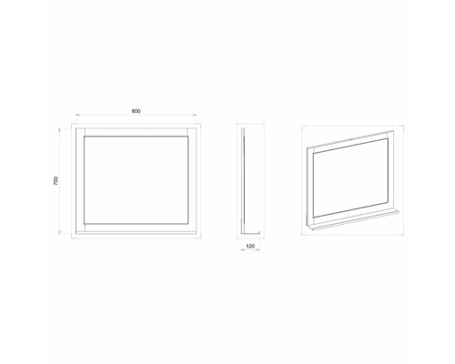 Dessin technique d''un miroir mesurant 800 x 700 x 120 millimètres.