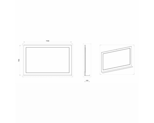 Schéma technique d''un miroir avec tablette et dimensions 1100 x 700 x 120 mm.