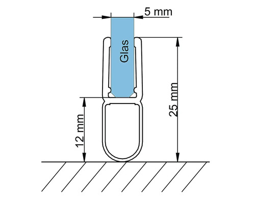 Technische Zeichnung eines Glasdichtungsprofils mit Maßangaben