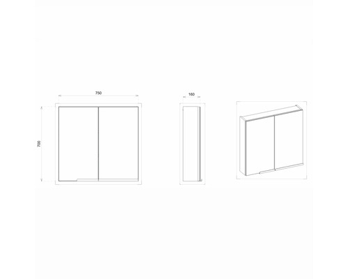 Technische Zeichnung eines Spiegelschrankes mit Abmessungen