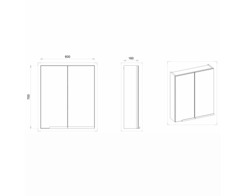 Technische Zeichnung eines Spiegelschranks mit den Maßen 600 x 700 x 160 mm