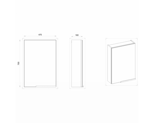 Dessin technique d''une armoire de salle de bain avec les dimensions 475 x 700 x 160 mm