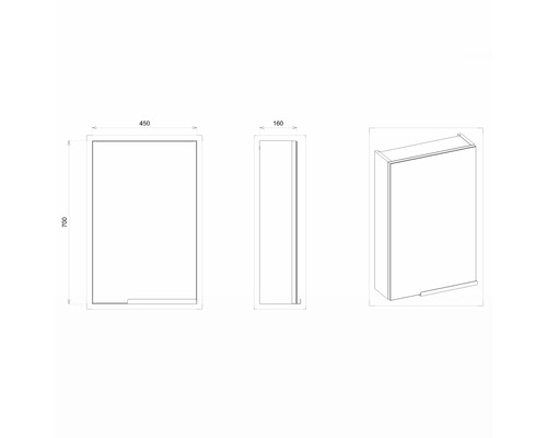 Technische Zeichnung eines Wandschranks mit den Maßen 450 x 700 x 160 Millimeter.
