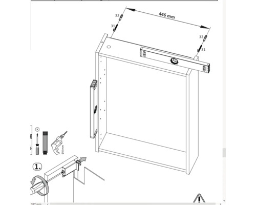 Illustration d''un élément de tiroir avec des indications de mesure et des instructions de montage.