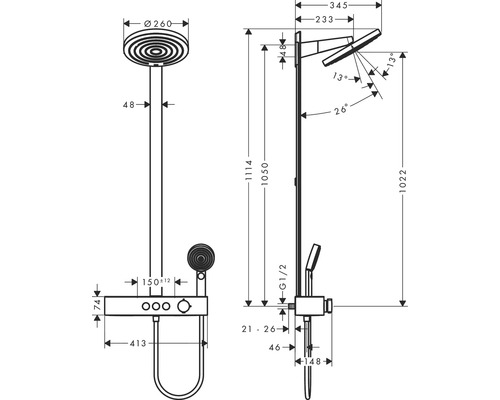 Schéma technique d''un système de douche avec les dimensions
