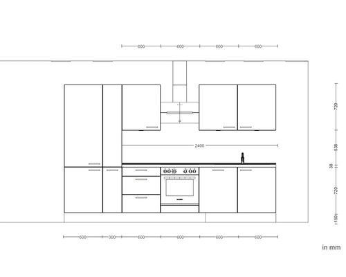 Schéma d''une kitchenette avec des dimensions en millimètres