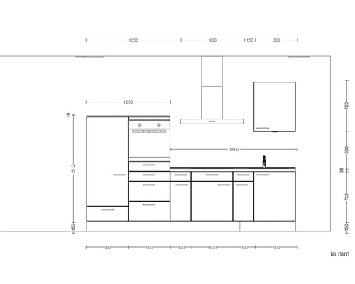 Skizze einer Küchenzeile mit Maßen für die Planung.