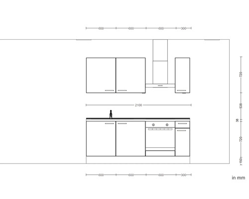 Schéma d''une kitchenette avec dimensions en millimètres.