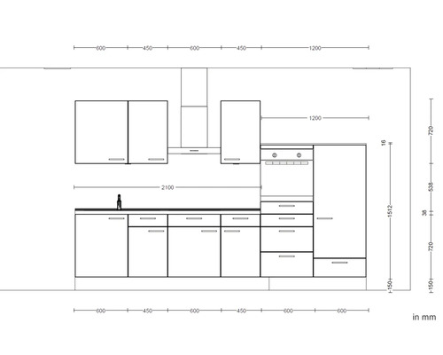 Schéma d''une kitchenette avec dimensions en millimètres